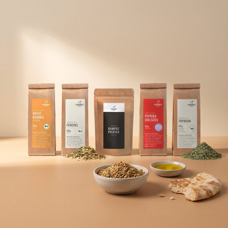 Dukkah: Schale mit der Mischung, dahinter die Zutaten Kreuzkümmel, Fenchelsamen, schwarzer Kampot-Pfeffer, Paprika edelsüß und Thymian im Gewürzstudio-Beutel
