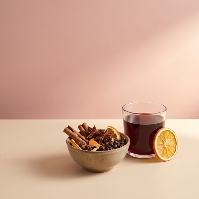Glühweingewürz: Schale mit Zimtstangen, Sternanis und getrockneter Orange, daneben ein Glas Glühwein